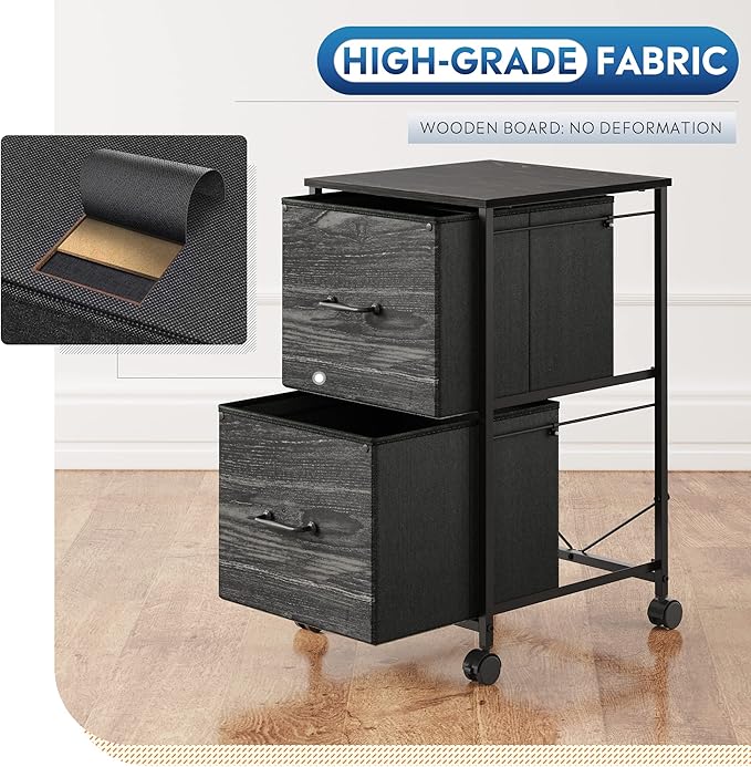 DEVAISE 2 Drawer Mobile File Cabinet, Rolling Printer Stand, Fabric Vertical Filing Cabinet fits A4 or Letter Size for Home Office, Charcoal Black Wood Grain Print