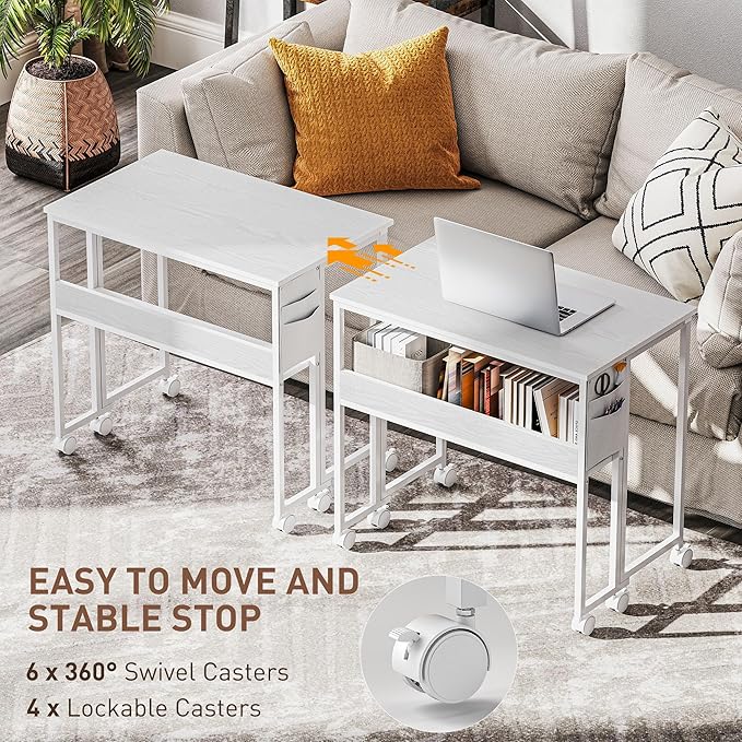 HOMCOM Small Folding Desk, Rolling Computer Desk Foldable with Storage Bag and Shelf, 31.5" Portable Writing Table on Wheels for Small Spaces, Home Office, Study, Easy Assembly, White
