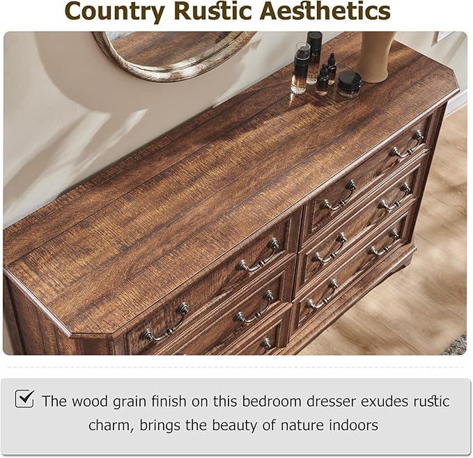 T4TREAM Farmhouse 6 Drawers Dresser for Bedroom, 54" Wide Wood Rustic Chest of Drawers with Natural Texture, Vintage Design, Storage Dressers Organizer for Bedroom, Living Room, Reclaimed Barnwood