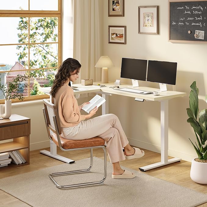 SANODESK L Shaped Standing Desk Adjustable Height, Electric Corner Standing Desk, 63 x 48 inch Sit Stand Computer Table with Splice Board, Maple
