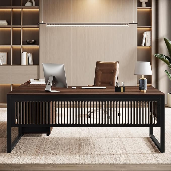 Tribesigns 63-Inch L-Shaped Executive Desk with Mobile File Cabinet, Large Office Computer Desk, Business Furniture Table with Drawers and Storage Shelves for Home Office, Dark Walnut & Black