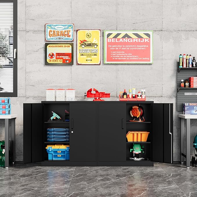 Metal Storage Cabinet-36” Tall Steel File Cabinets with Lockable Doors and Adjustable Shelves-Black Steel Storage Cabinet for Home, School, Office, Garage