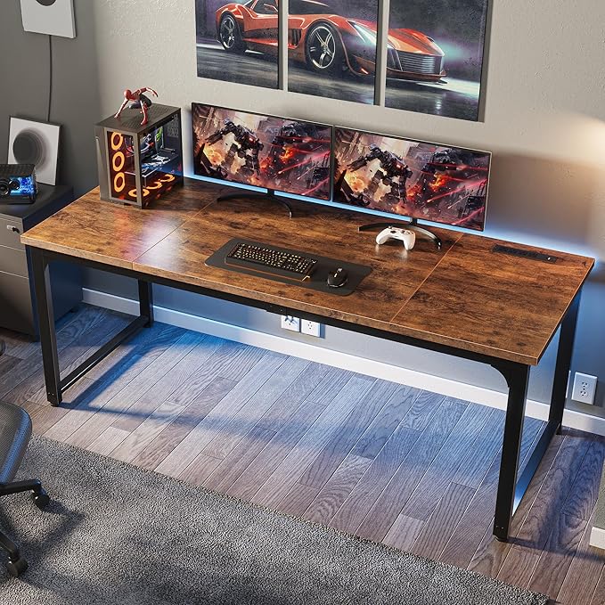 Huuger 63 x 24 inch Desk with Power Outlets & USB-C, Deeper & Thicker Desktop, Robust Metal Tubes, Computer Desk, Heavy Duty Office Desk, Work Gaming Desk, for Home Office, Rustic Brown
