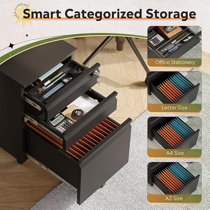 DEVAISE 3 Drawer File Cabinet with Lock, Black Metal Mobile Filing Cabinet Under Desk, Home Office Furniture fits A3/A4/Letter Size, 17" D x 15" W x 24" H