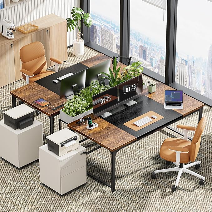 Huuger 63 x 31.5 inch Desk with Power Outlets & USB-C, 1.2 Inch Thicker Desktop, Robust Metal Tubes, Deep Computer Desk, Heavy Duty Office Desk, Work Desk, Rustic Brown and Black