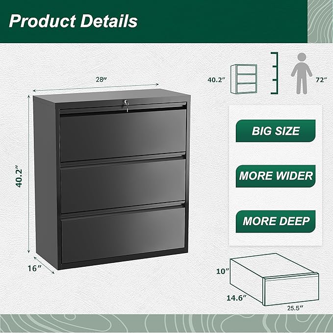 Superday Filing Cabinet Lateral File Cabinet 3 Drawer, Black File Cabinets with Lock, Locking Metal Office Filing Cabinets for Home Office/Legal/Letter/A4/F4
