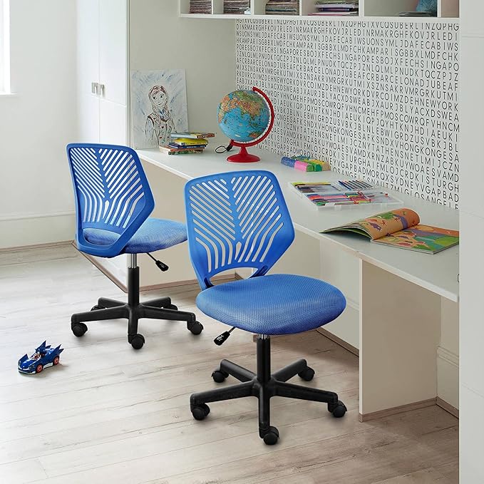 Yaheetech Students Desk Chair Low-Back Armless Study Chair Cute with Lumbar Support Adjustable Height for Youth, Blue