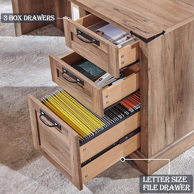 RedLemon 60" Farmhouse L Shaped Executive Desk with Drawers, Wood Home Office Corner Desk with Charging Station, File Drawer, Storage Cabinet, Rustic Computer Writing Desk (Natural Oak)