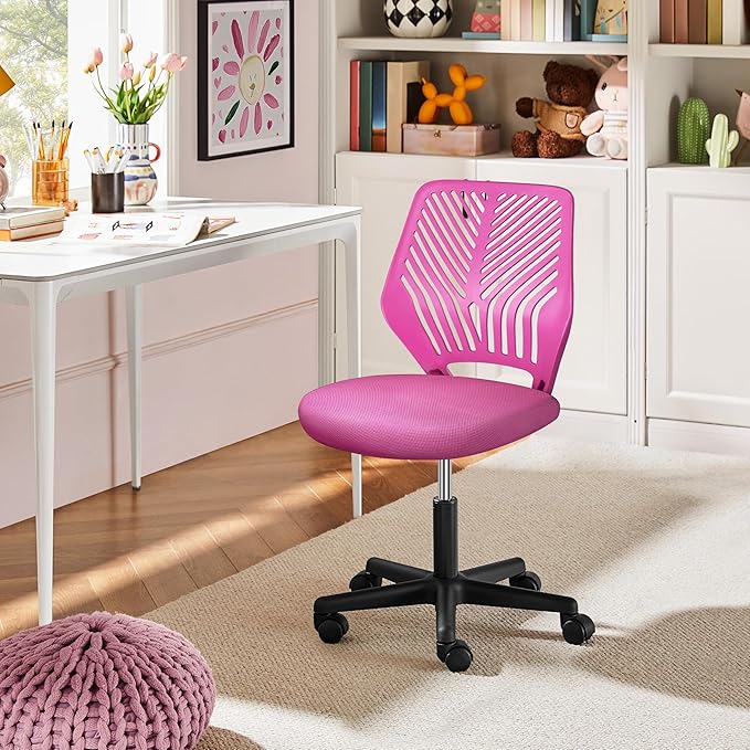 Yaheetech Students Cute Desk Chair Low-Back Armless Study Chair w/Lumbar Support Adjustable Swivel Chair in Home Bedroom School, Rose Red