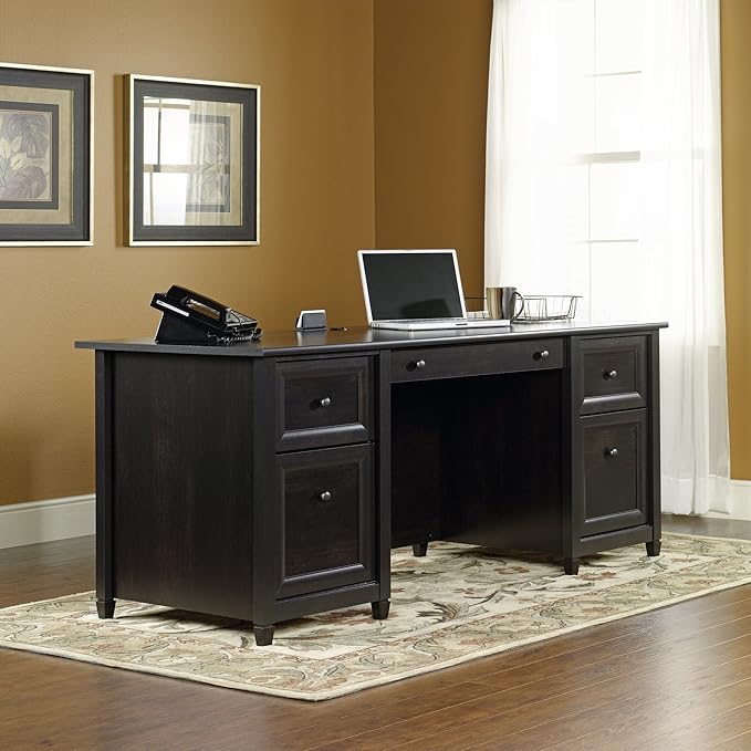Sauder Edge Water Executive Desk, Double Ped Desks, Roomy Workspace - Estate Black Finish