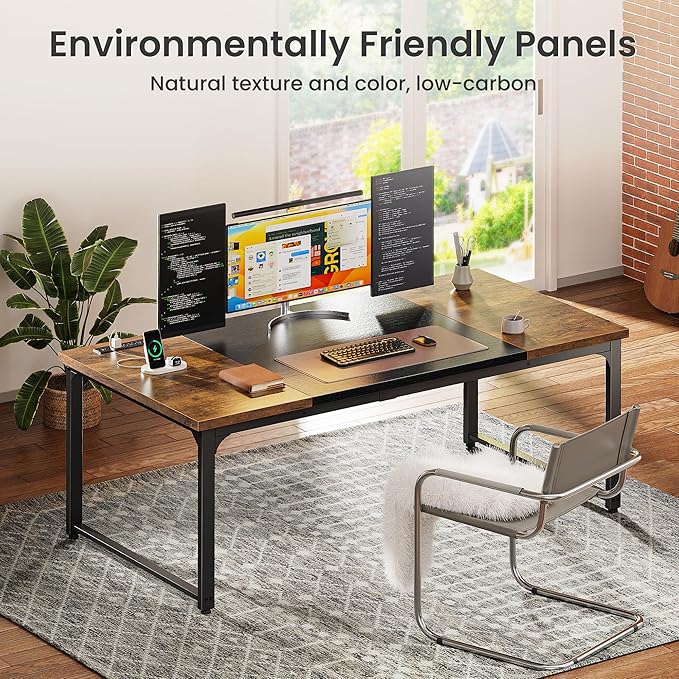 Huuger 63 x 31.5 inch Desk with Power Outlets & USB-C, 1.2 Inch Thicker Desktop, Robust Metal Tubes, Deep Computer Desk, Heavy Duty Office Desk, Work Desk, Rustic Brown and Black