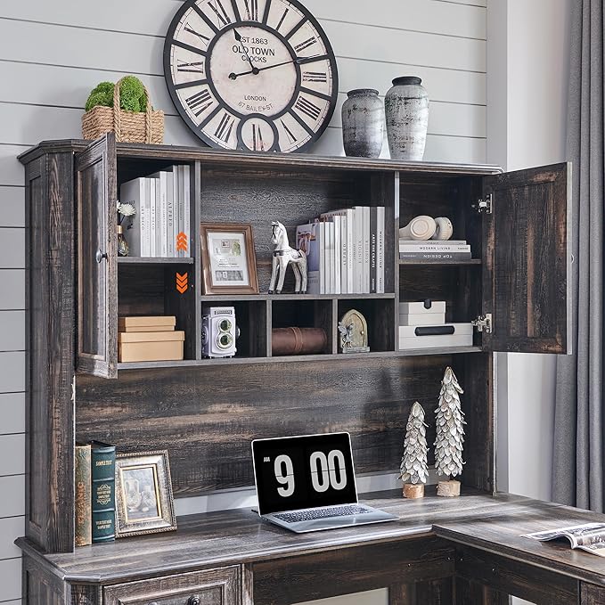 T4TREAM 59" Executive L Shaped Desk with Hutch,Victorian Wood Computer Desk, Featuring Charging Station,File Drawer, Storage Cabinet,for Home Office Work and Study (Dark Rustic Oak)