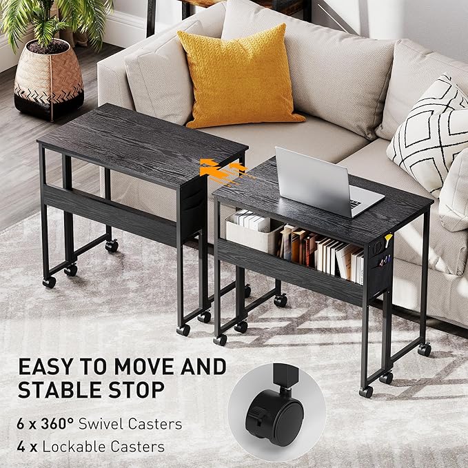 HOMCOM Small Folding Desk, Rolling Computer Desk Foldable with Storage Bag and Shelf, 31.5" Portable Writing Table on Wheels for Small Spaces, Home Office, Study, Easy Assembly, Black