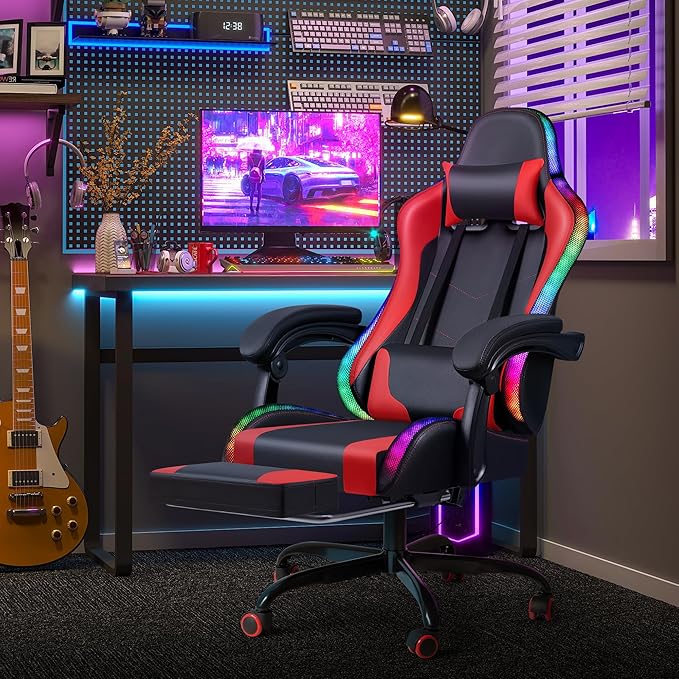 Homall Gaming Chair, Video Game Chair with Footrest and Massage Lumbar Support, Ergonomic Computer Chair Height Adjustable with Swivel Seat and Headrest (RGB Red)