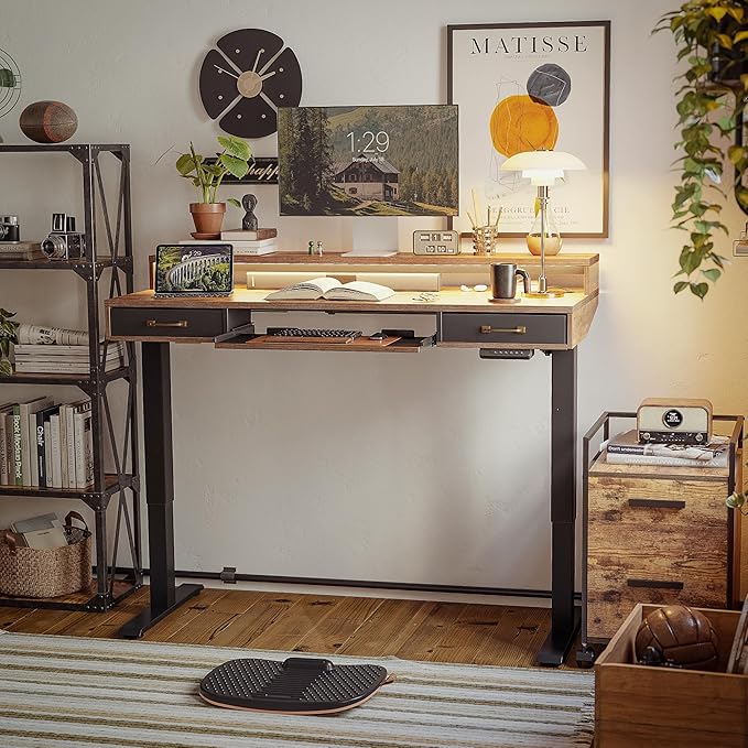 FEZIBO 48 x 24 Inch Height Adjustable Electric Standing Desk with Double Drawers&Keyboard Tray, Stand Up Desk with LED Strips&Monitor Stand,Rustic Brown Top
