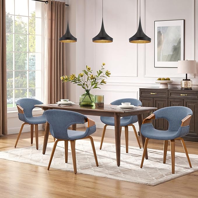 Art Leon Mid Century Desk Chair - Modern Desk Chair No Wheels, Fabric Upholstered Wooden Office with Wood Legs for Living Room Bedroom, Black Oak Bentwood, Blue