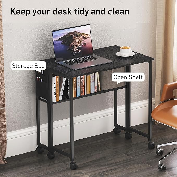 HOMCOM Small Folding Desk, Rolling Computer Desk Foldable with Storage Bag and Shelf, 31.5" Portable Writing Table on Wheels for Small Spaces, Home Office, Study, Easy Assembly, Black