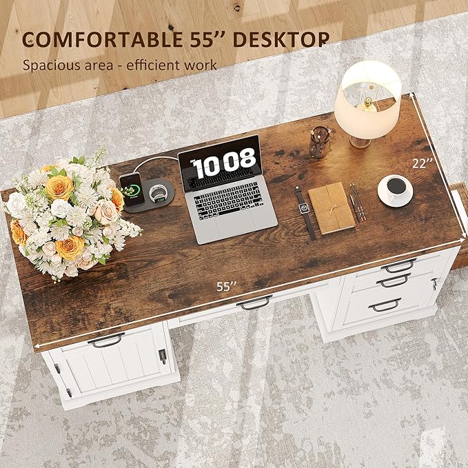 Whalefall 55'' Farmhouse Desk Home Office with Drawers, Executive Computer Desk Wooden with File Cabinet and Charging Station, White