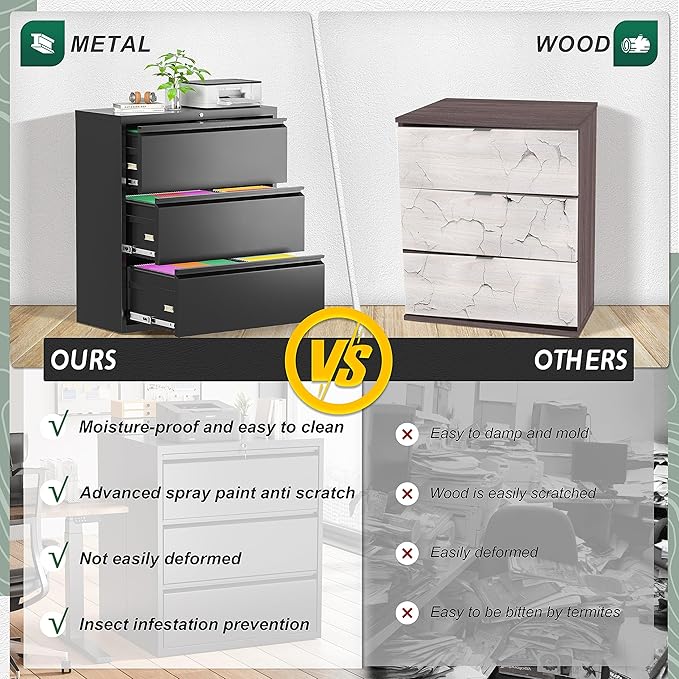 Superday Filing Cabinet Lateral File Cabinet 3 Drawer, Black File Cabinets with Lock, Locking Metal Office Filing Cabinets for Home Office/Legal/Letter/A4/F4