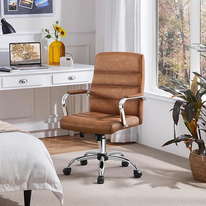 Yaheetech Mid-Back Office Chair with Arms Swivel PU Leather Height Adjustable Office Executive Chair, Retro Brown