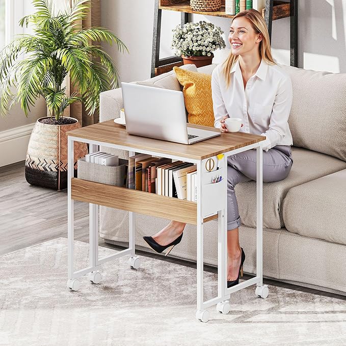 HOMCOM Small Folding Desk, Rolling Computer Desk Foldable with Storage Bag and Shelf, 31.5" Portable Writing Table on Wheels for Small Spaces, Home Office, Study, Easy Assembly, Natural Wood