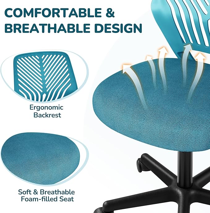 Yaheetech Kids Cute Office Chair Low-Back Armless Study Chair w/Lumbar Support Adjustable Height for Children in Bedroom School, Turquoise