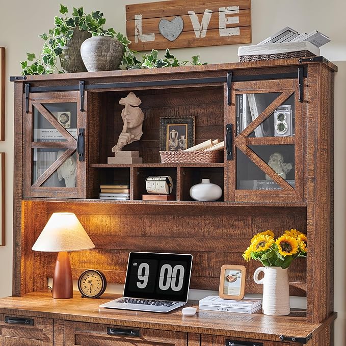 RedLemon 60" Farmhouse Desk with Hutch, Wood Home Office Executive Desk with Drawer, Charging Station, Keyboard Tray, File Drawer, Storage Cabinet, Rustic Writing Computer Desk (Reclaimed Barnwood)