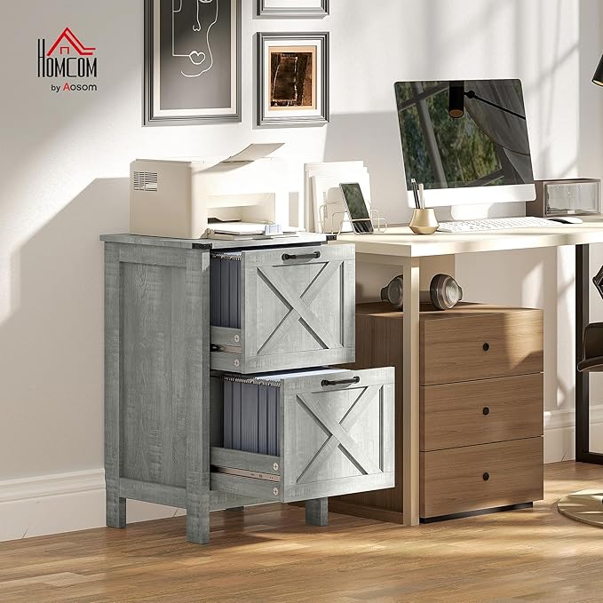HOMCOM 2 Drawer Vertical File Cabinet with Silent Slides, Rustic Farmhouse Filing Cabinet with Barn Doors for A4/Letter Size, Printer Stand with Storage for Home Office, Distressed Light Gray