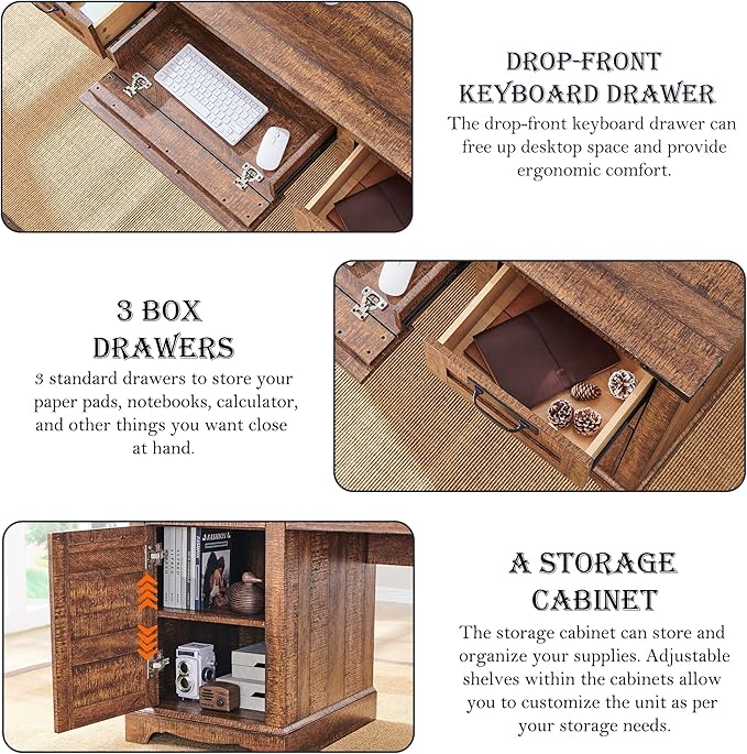 RedLemon 60" Farmhouse Desk with Hutch, Wood Home Office Executive Desk with Drawer, Charging Station, Keyboard Tray, File Drawer, Storage Cabinet, Rustic Writing Computer Desk (Reclaimed Barnwood)