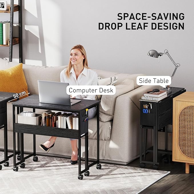 HOMCOM Small Folding Desk, Rolling Computer Desk Foldable with Storage Bag and Shelf, 31.5" Portable Writing Table on Wheels for Small Spaces, Home Office, Study, Easy Assembly, Black