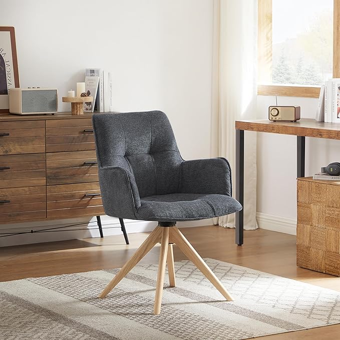 Art Leon Swivel Chair - Mid Century Modern Desk Chair Without Wheels, Fabric Upholstered Accent Chair with Oak Wood Legs for Small Space Living Room Bedroom, Dark Gray