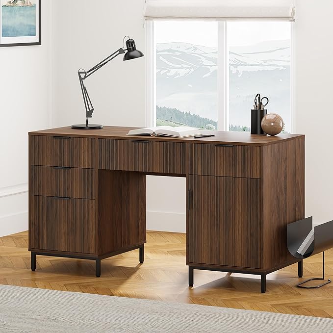 Modern Fluted Executive Desk with File Drawer, 55" Large Computer Desk with Storage and Charging Station, Wooden Home Office Desk for Workspace, Writing, Study, Brown