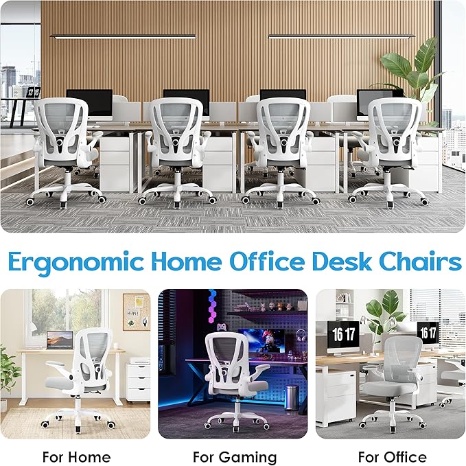Office Chair Ergonomic Desk Chair - Mesh Computer Chair Breathable Task Chair with Wheels Adjustable Lumbar Support Home Desk Office Chairs Flip up Armrest Executive Rolling Swivel White