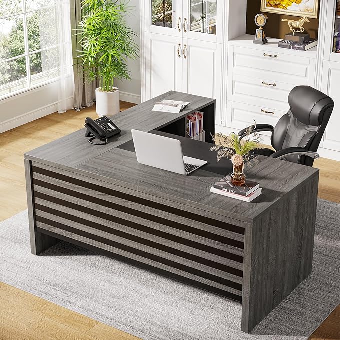 Tribesigns 62.2" Executive Desk with Mobile File Cabinet, L-Shaped Office Desk with Storage Shelves, Large Computer Table Business Workstation Set for Home Office, Grey