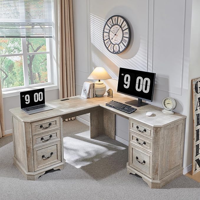 T4TREAM 59" Executive L Shaped Desk with Drawers,Farmhouse Wood Computer Coner Desk, Featuring Charging Station,File Drawer, Storage Cabinet,for Home Office Work and Study (Light Rustic Oak)