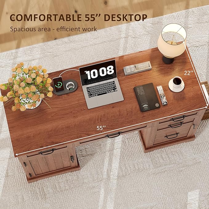 Whalefall 55'' Farmhouse Desk Home Office with Drawers, Executive Computer Desk Wooden with File Cabinet and Charging Station, Cherry Brown