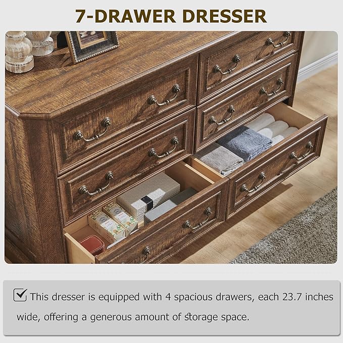 T4TREAM Farmhouse 6 Drawers Dresser for Bedroom, 54" Wide Wood Rustic Chest of Drawers with Natural Texture, Vintage Design, Storage Dressers Organizer for Bedroom, Living Room, Reclaimed Barnwood