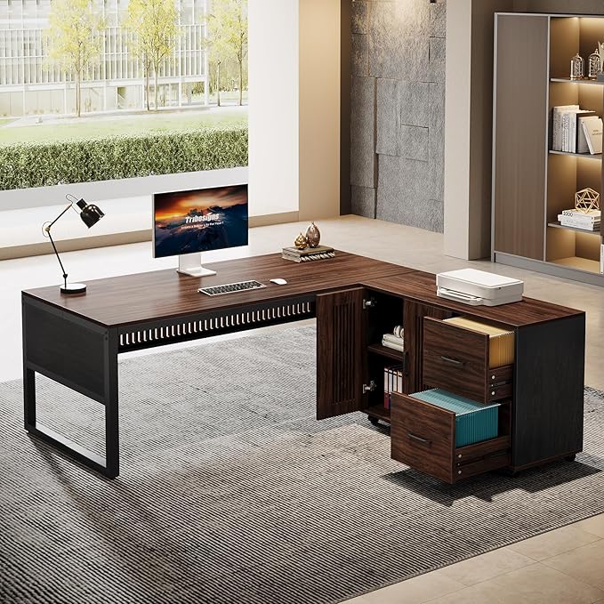 Tribesigns 63-Inch L-Shaped Executive Desk with Mobile File Cabinet, Large Office Computer Desk, Business Furniture Table with Drawers and Storage Shelves for Home Office, Dark Walnut & Black