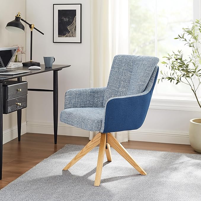 Art Leon Mid Century Desk Chair - Office Chair No Wheels, Modern Swivel Accent Chair, Fabric Upholstered Armchair with Oak Wood Legs for Living Room Home Office, Blue