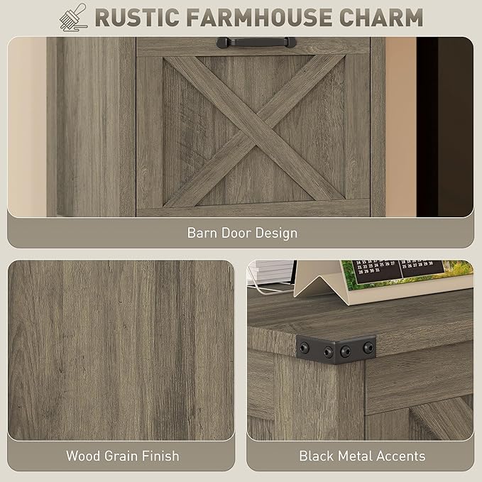 HOMCOM 2 Drawer Vertical File Cabinet with Silent Slides, Rustic Farmhouse Filing Cabinet with Barn Doors for A4/Letter Size, Printer Stand with Storage for Home Office, Distressed Gray