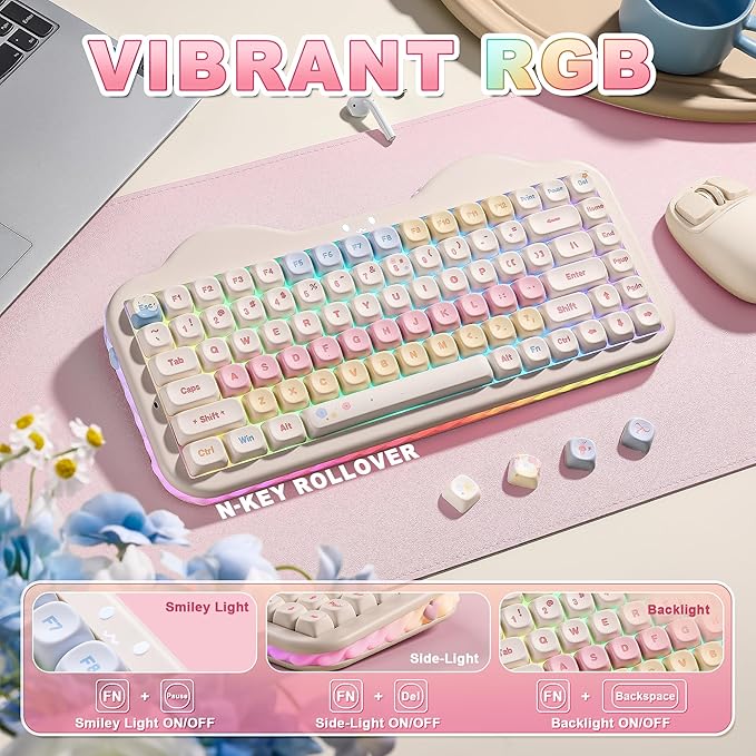 YUNZII C75 Wireless Mechanical Keyboard,75% Layout, Hot-Swappable NKRO,BT5.0/2.4G/USB-C Mode,Dye-Sub PBT MOA Keycaps,RGB Gasket Mount,Cute Cake Design for Mac/Win/Gaming (Beige, Candy Switch)