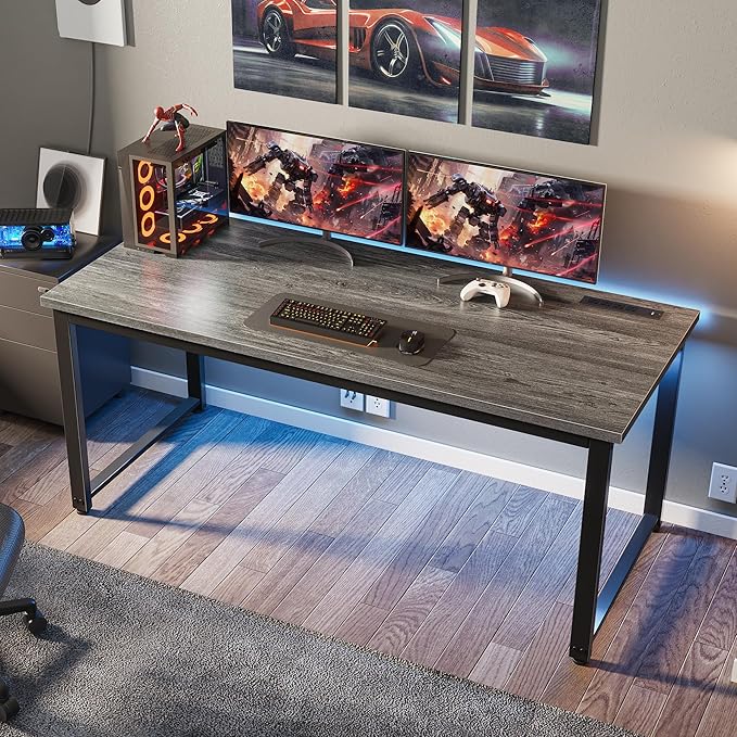 Huuger 55 x 24 inch Desk with Power Outlets & USB-C, Deeper & Thicker Desktop, Robust Metal Tubes, Computer Desk, Heavy Duty Office Desk, Work Gaming Desk for Home Office, Grey