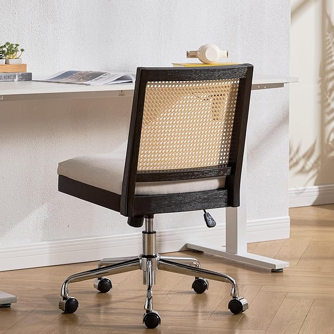 Rattan Desk Chair Linen Fabric Upholstered Computer Office Chair, 360° Swivel Work Chair with Wheels Comfortable Armless Chair for Home Office Study Studio, Beige