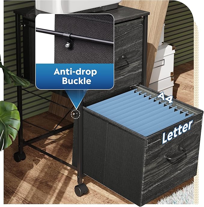 DEVAISE 2 Drawer Mobile File Cabinet, Rolling Printer Stand, Fabric Vertical Filing Cabinet fits A4 or Letter Size for Home Office, Charcoal Black Wood Grain Print