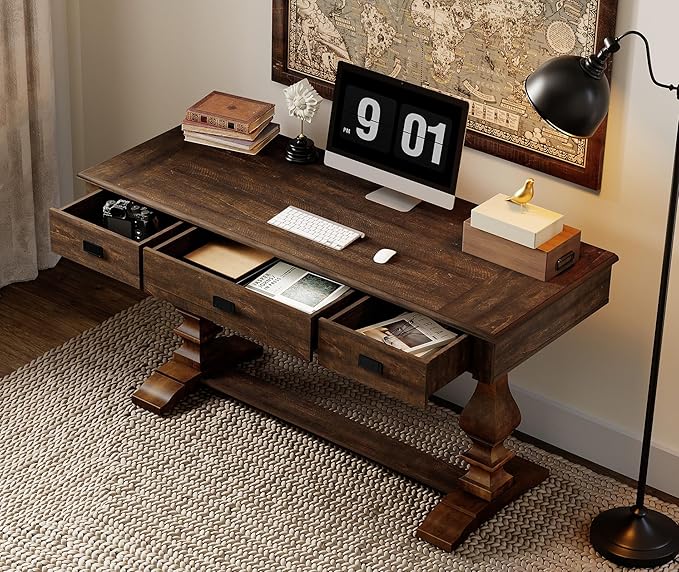 WAMPAT 60-inch Vintage Wood Home Office Desk with Stable Solid Wood Pedestral Legs, Tradional Rustic Executive Desk with Deep Drawers and Power Outlets for Office,Study,Dark Walnut Brown
