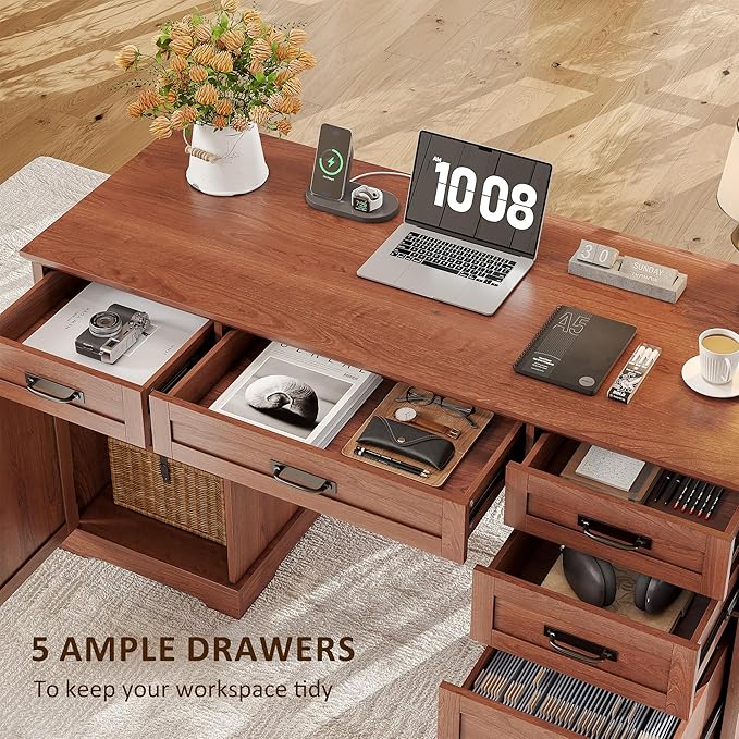 Whalefall 55'' Farmhouse Desk Home Office with Drawers, Executive Computer Desk Wooden with File Cabinet and Charging Station, Cherry Brown