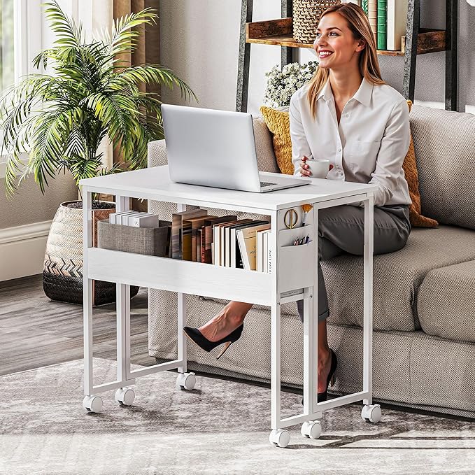 HOMCOM Small Folding Desk, Rolling Computer Desk Foldable with Storage Bag and Shelf, 31.5" Portable Writing Table on Wheels for Small Spaces, Home Office, Study, Easy Assembly, White