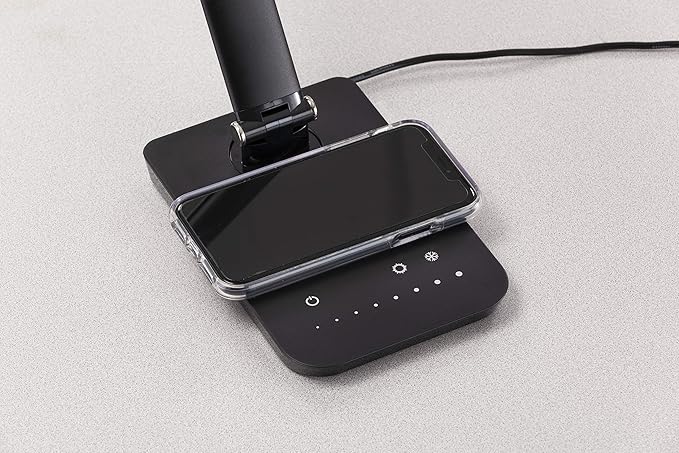 Safco 1009BL, Pivoting Neck, Built-in Wireless, USB Port Vamp LED Lamp with Charging Pad, Black