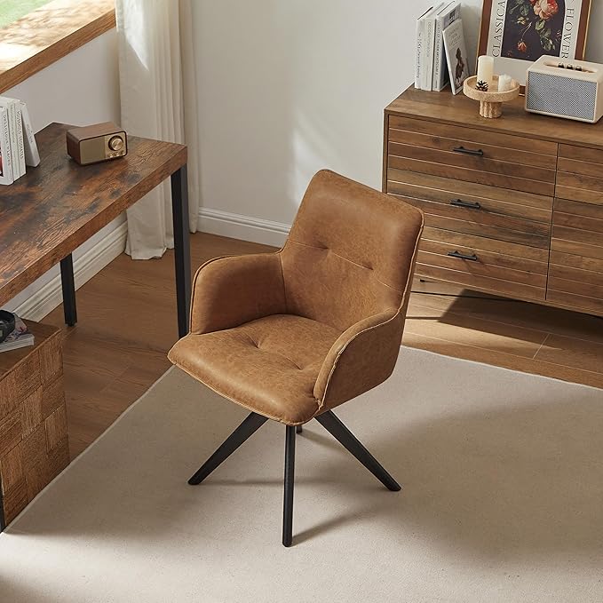 Art Leon Mid Century Desk Chair - Faux Leather Upholstered Office Chair No Wheels, Swivel Accent Chair with Black Oak Wood Legs for Small Space Living Room Bedroom, Set of 2, Brown