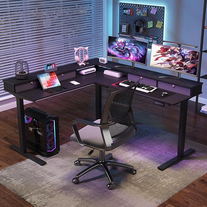 SANODESK 71" L Shaped Standing Desk with 4 Drawers, Height Adjustable Stand up Desk, Corner Gaming Desk with Monitor Stand, Black Frame/Black Top